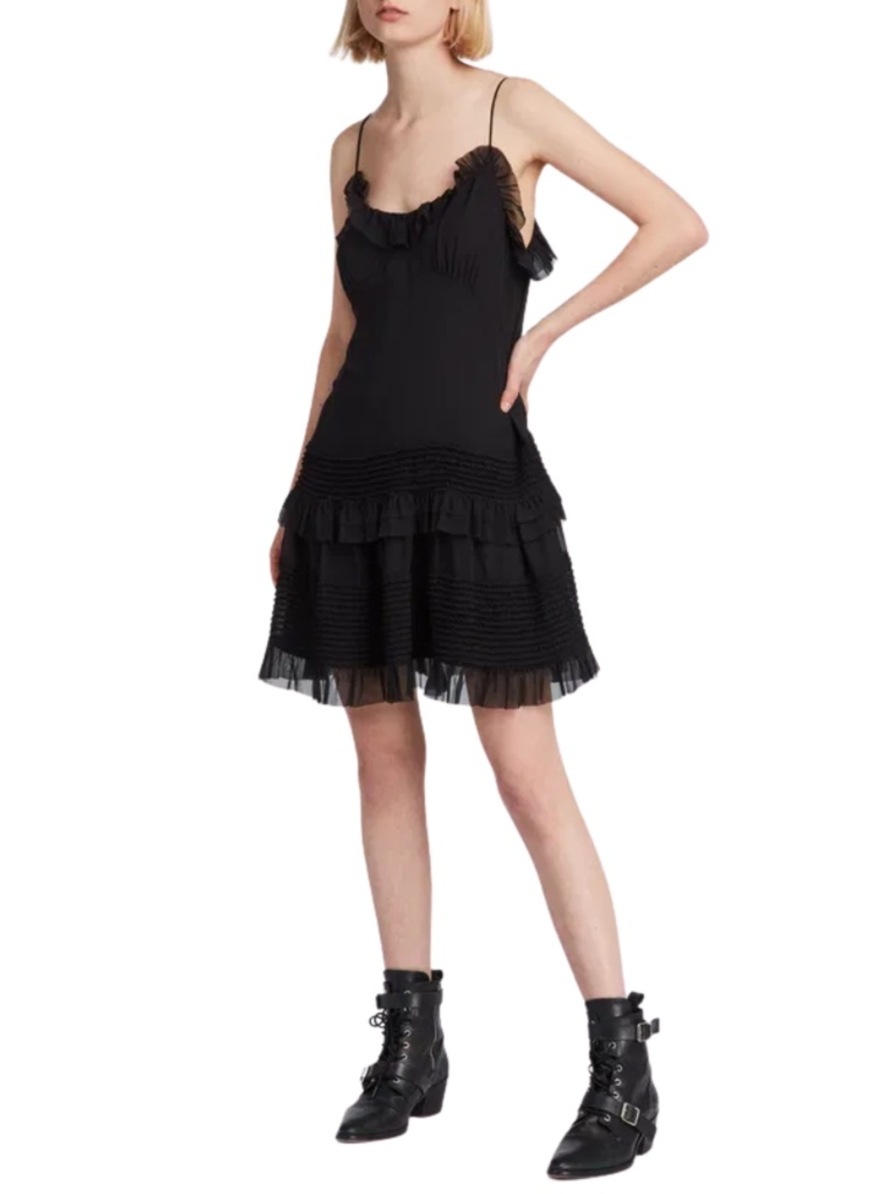 AllSaints Sanse Black Tiered Tulle Ruffle Mini Dress Sz 4